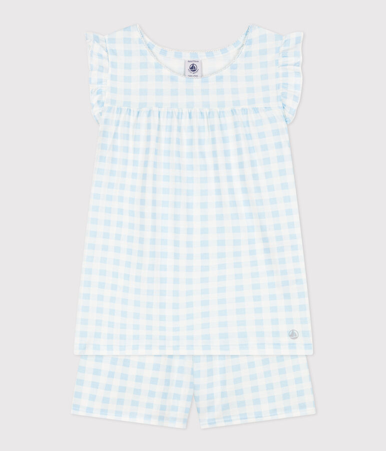 Kinder-Kurzpyjama aus feiner Baumwolle mit Vichy-Karos f&uuml;r M&auml;dchen weiss/blau