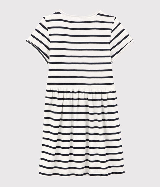 Kurzärmeliges Kleid aus Bio-Baumwolle für Mädchen weiss MARSHMALLOW/blau SMOKING