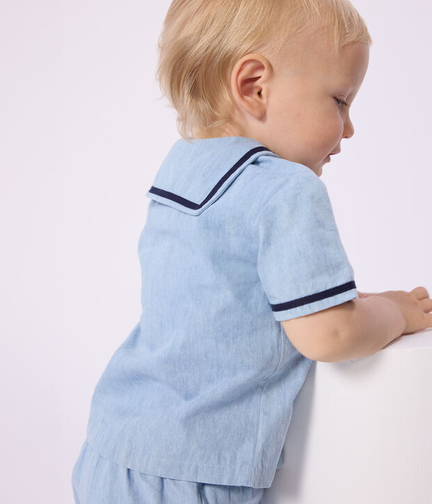 2-teiliges Baby-Set aus Chambray, T-Shirt mit Matrosenkragen blau