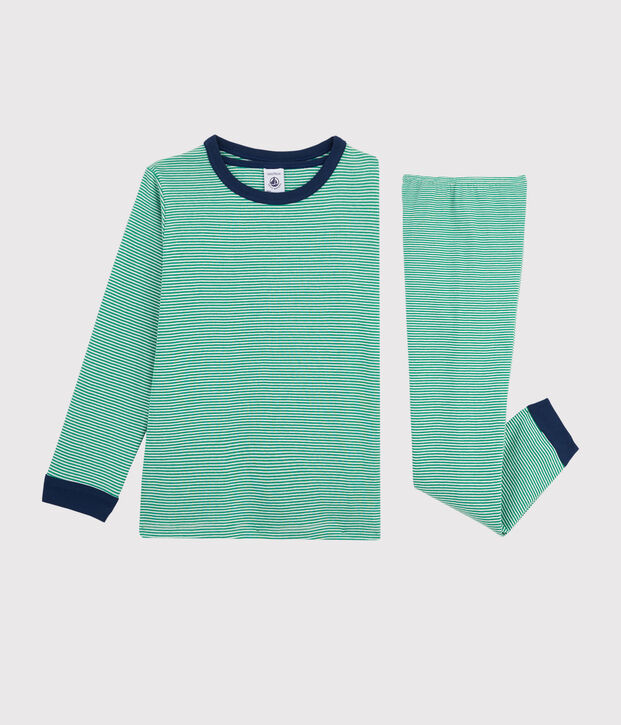 Kinderpyjama aus Rippstrick mit gr&uuml;nen Ringelstreifen f&uuml;r Jungen gr&uuml;n/weiss