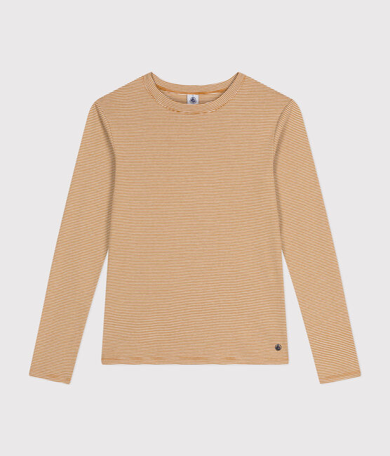 Langärmeliges Damen-T-Shirt "L'Iconique" aus gestreiftem Rippstrick braun CUIVRE/ MARSHMALLOW