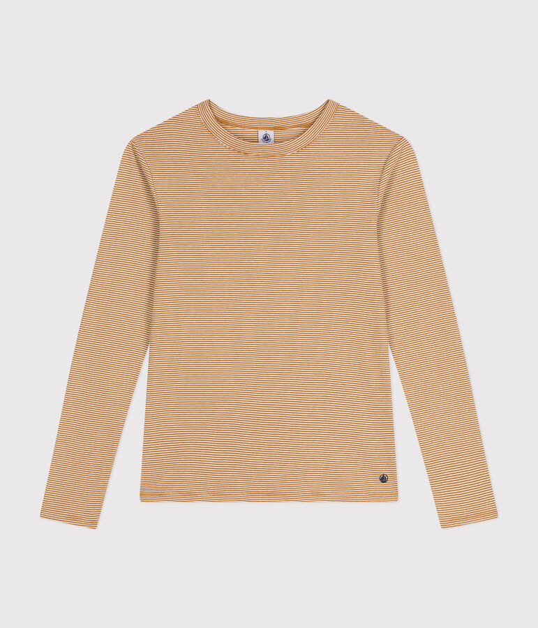 Lang&auml;rmeliges Damen-T-Shirt L'Iconique aus gestreiftem Rippstrick braun/weiss