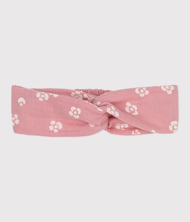 Kinderstirnband aus Baumwollgaze mit Blumendruck rosa/weiss