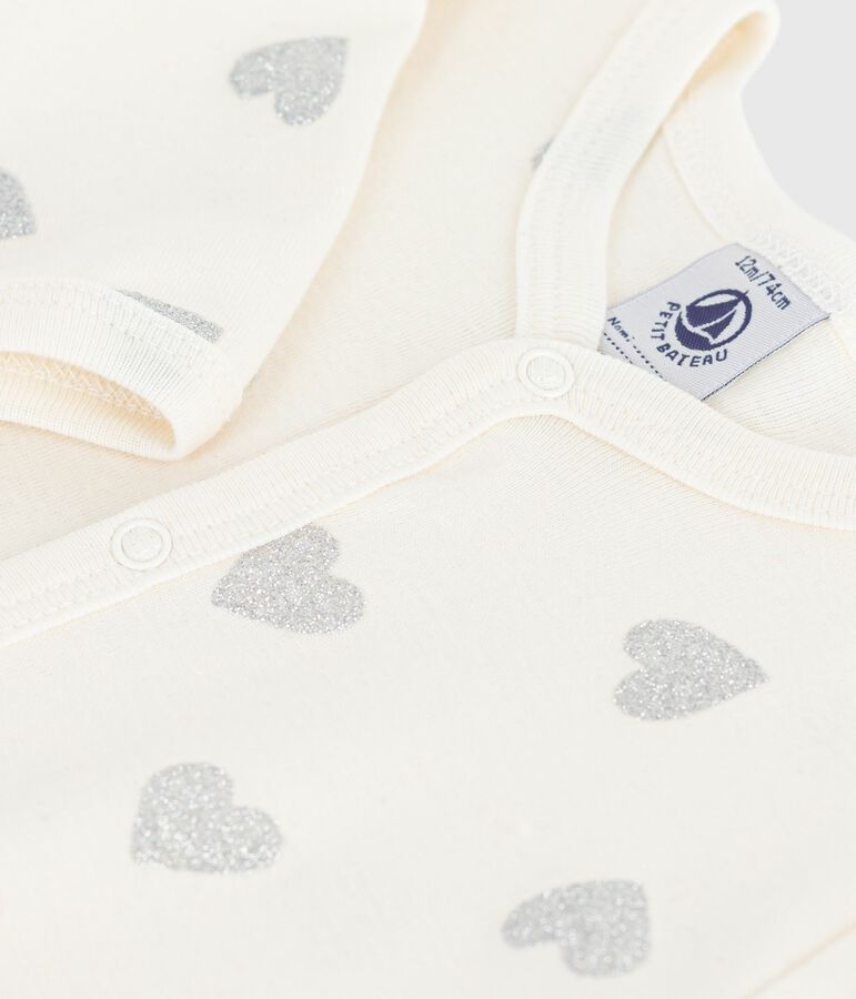 Baby-Pyjama aus Baumwolle mit silbernem Glitzerherz-Print naturfarben/grau