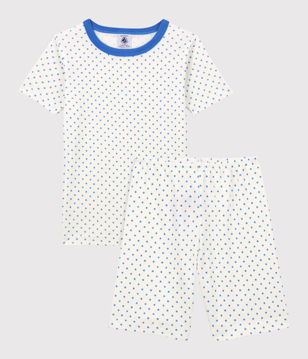 Kinder-Kurzpyjama aus Bio-Baumwolle mit blauem Sternenmotiv f&uuml;r Jungen weiss/blau