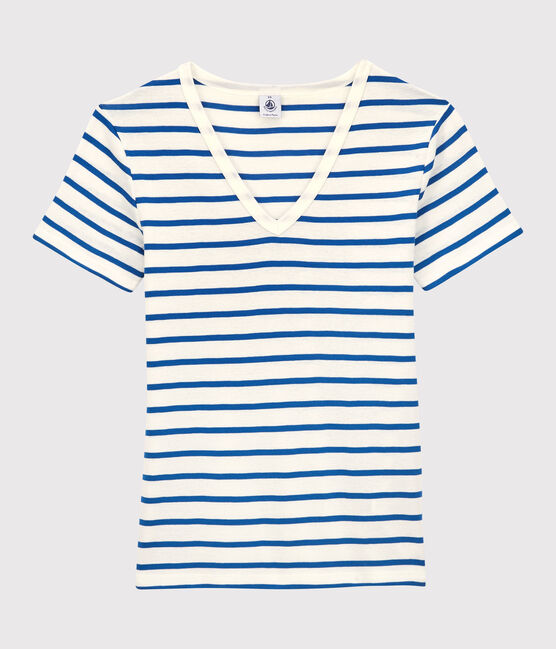 T-Shirt L’ICONIQUE mit V-Ausschnitt aus Bio-Baumwolle für Damen weiss MARSHMALLOW/blau DELFT