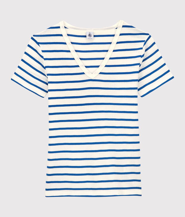T-Shirt L&rsquo;ICONIQUE mit V-Ausschnitt aus Bio-Baumwolle f&uuml;r Damen weiss/blau