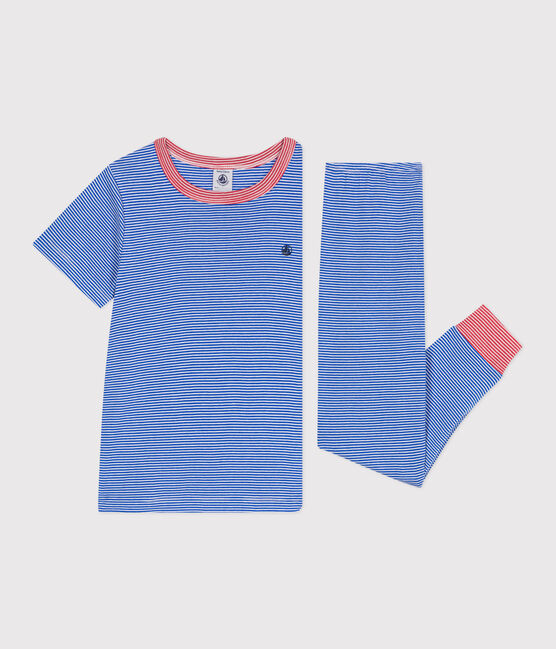 Kinder-Pyjama aus Baumwolle mit Streifen blau PERSE/weiss MARSHMALLOW