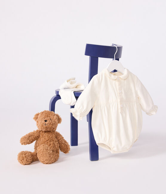 Kurzer Baby-Overall für Festtage aus besticktem Fein-Cord naturfarben MILK