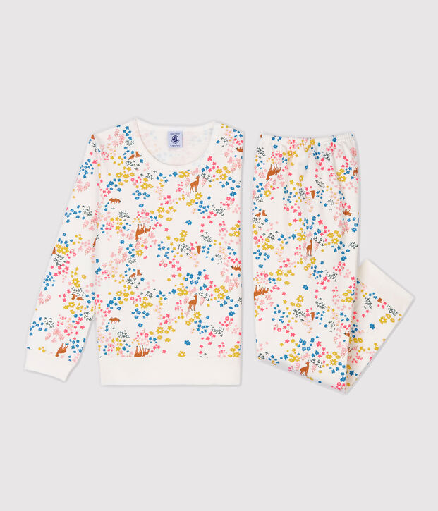 Kinderpyjama aus Molton mit Blumenmuster f&uuml;r M&auml;dchen weiss/vielfarbig