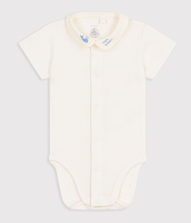 Kurz&auml;rmeliger Baby-Body aus Baumwolle mit Stickereien naturfarben/blau