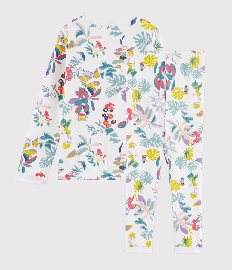 Kinderpyjama aus Doppeljersey mit Dschungelaufdruck f&uuml;r M&auml;dchen weiss/vielfarbig