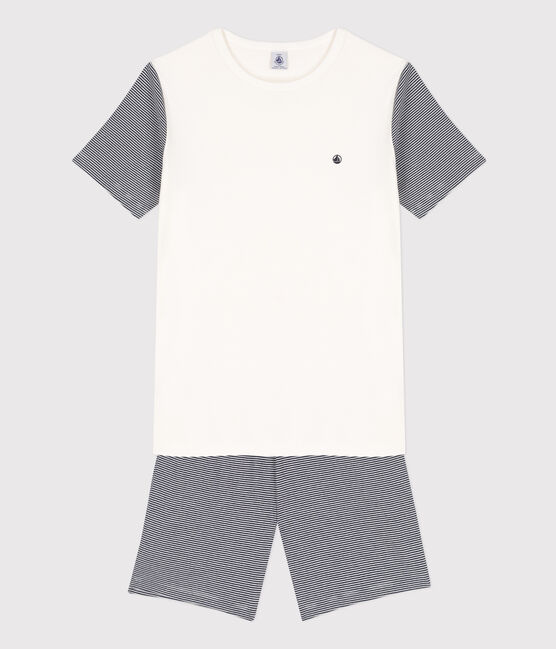 Kinder-Kurzpyjama aus Baumwolle mit Ringelstreifen für Jungen blau SMOKING/weiss MARSHMALLOW