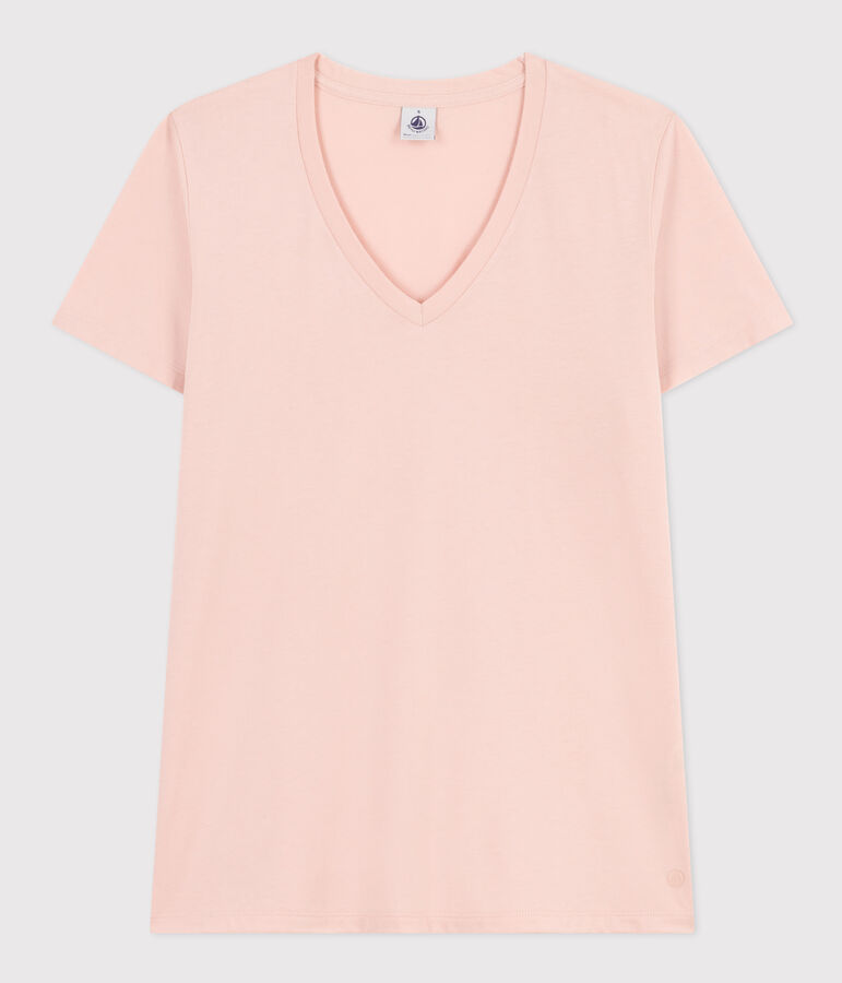 Damen-T-Shirt LE DROIT aus Baumwolle mit V-Ausschnitt rosa