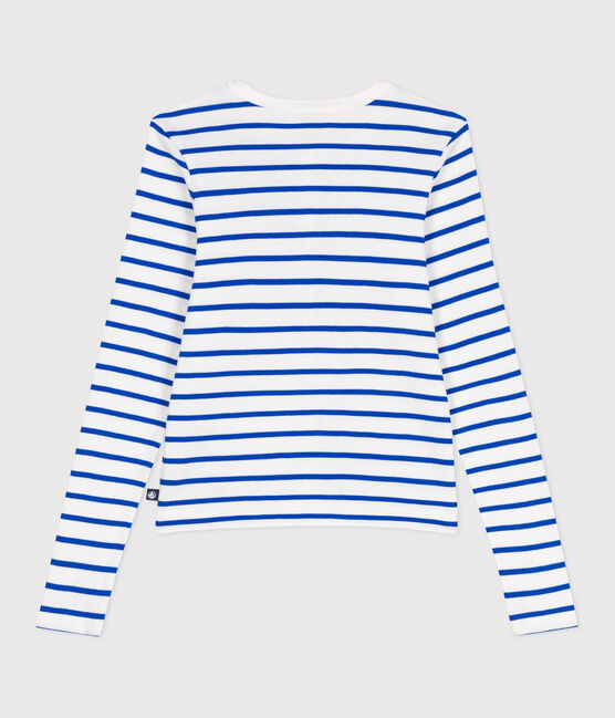 Damen-Cardigan aus einfarbiger Baumwolle weiss MARSHMALLOW/blau PERSE