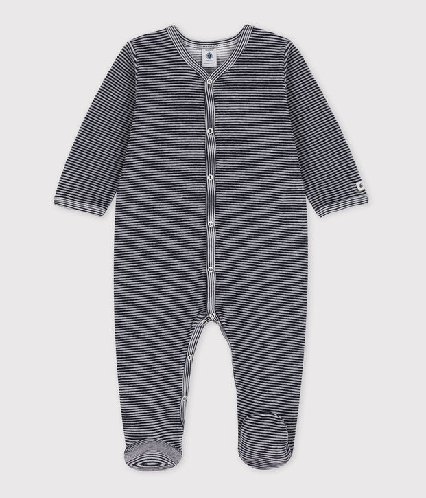 Baby-Strampler aus Nicki mit Ringelstreifen blau/weiss