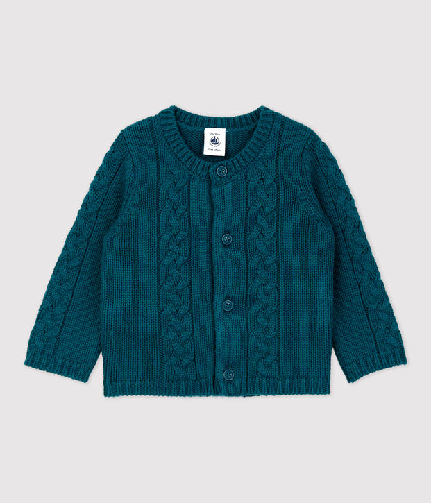 Baby-Cardigan aus Wolle und Baumwolle. gr&uuml;n