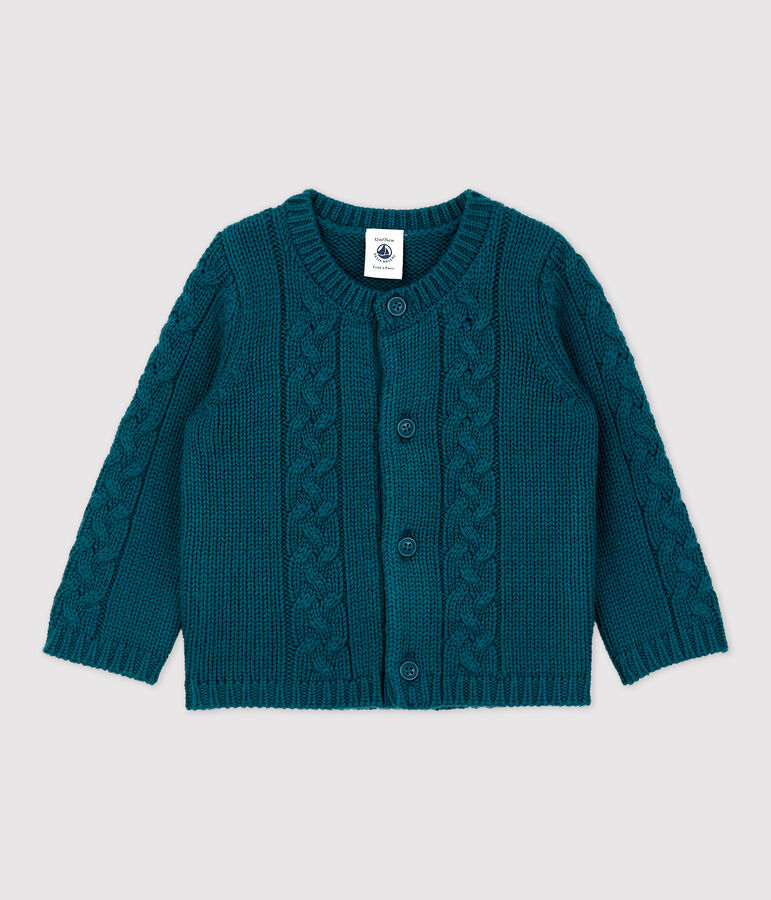 Baby-Cardigan aus Wolle und Baumwolle. gr&uuml;n