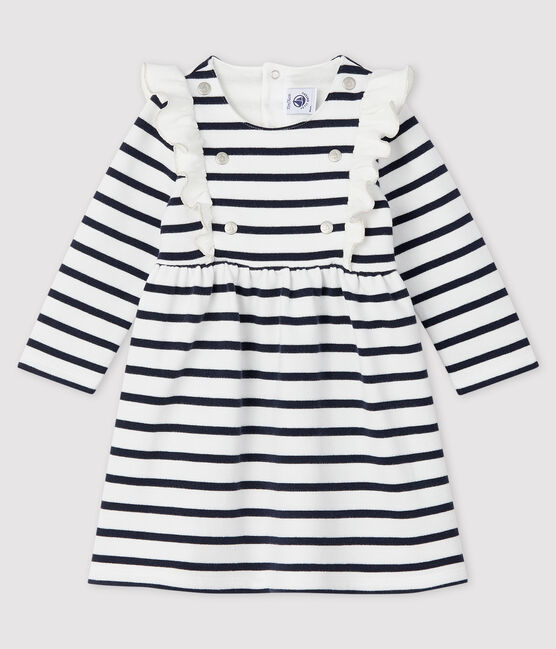 Langärmeliges Baby-Kleid für Mädchen weiss MARSHMALLOW/blau SMOKING