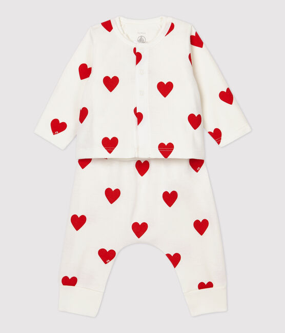Dreiteiliges Baby-Set aus Bio-Baumwolle mit rotem Herzmuster weiss MARSHMALLOW/rot TERKUIT