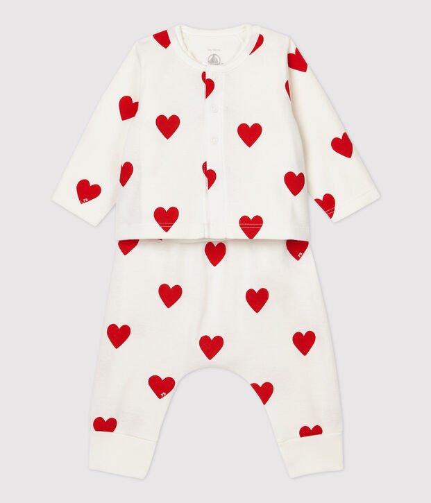 Dreiteiliges Baby-Set aus Bio-Baumwolle mit rotem Herzmuster weiss/rot