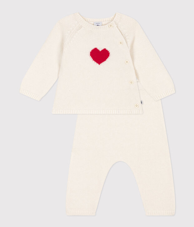 Baby-Set aus Wolle und Baumwolle mit Herzmotiv weiss/rot