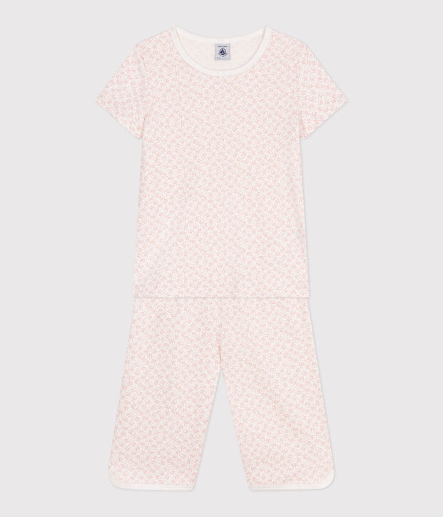 Kinder Capri-Pyjama aus Baumwolle mit Blumenmuster weiss/rosa