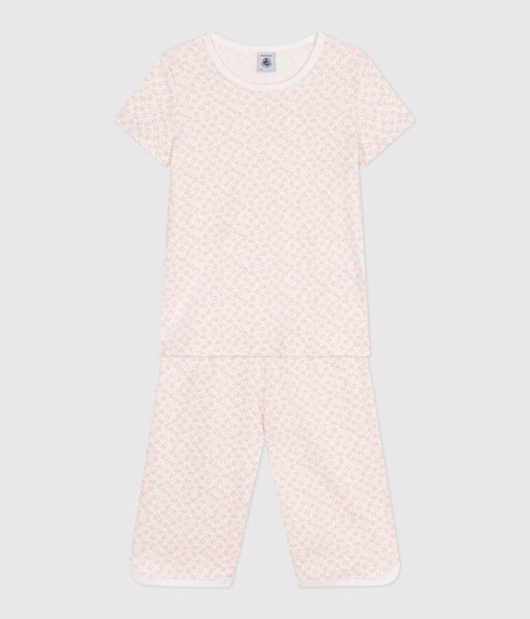 Kinder Capri-Pyjama aus Baumwolle mit Blumenmuster weiss/rosa