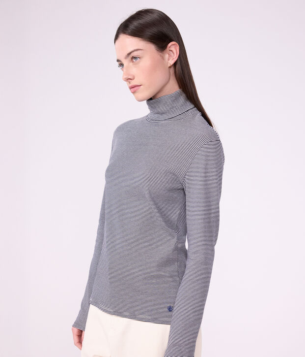 Damen-Rollkragenshirt L'Iconique aus Baumwolle blau/weiss