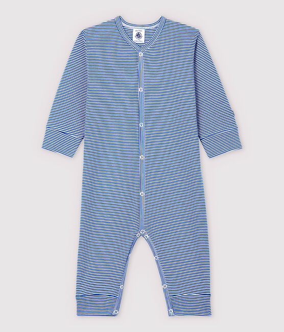 Fußloser Baby-Strampler aus Baumwolle mit blauen Streifen blau PABLITO/weiss MARSHMALLOW
