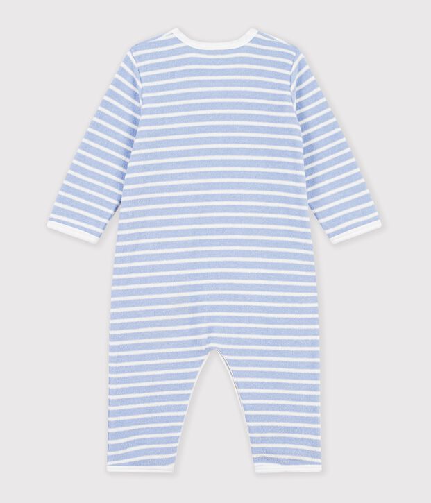 Strampler ohne F&uuml;&szlig;chen aus Baumwoll-Frottee mit Streifen blau/naturfarben