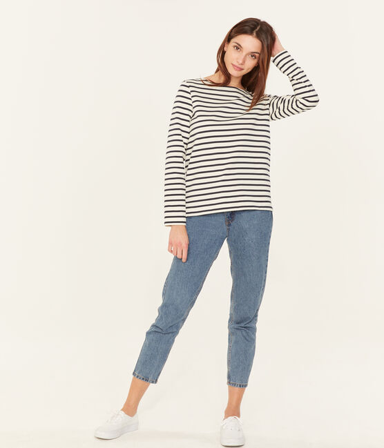 Emblematisches Streifenshirt für Damen beige COQUILLE/blau SMOKING