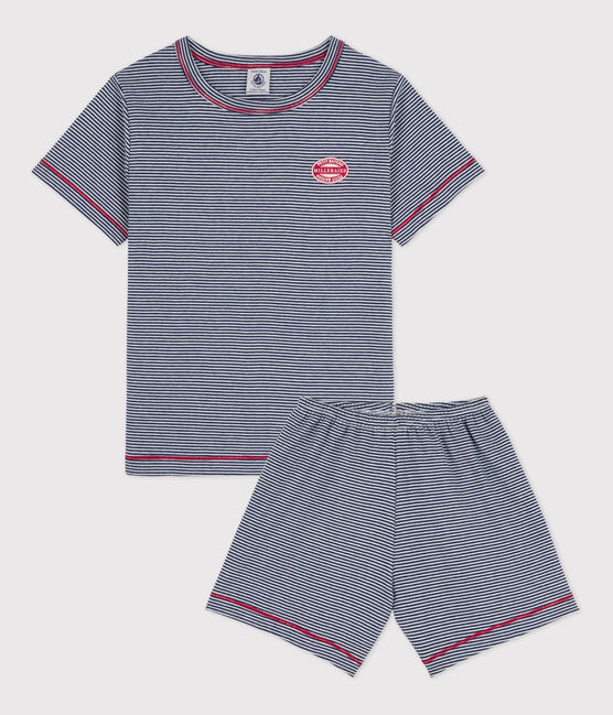 Kinder-Kurzpyjama aus Baumwolle mit Ringelstreifen für Jungen blau MEDIEVAL/weiss MARSHMALLOW