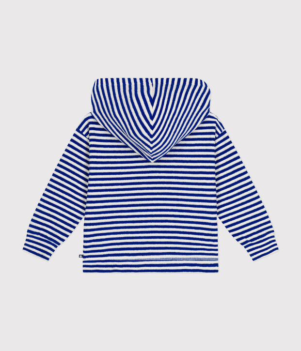 Gestreiftes Kinder-Sweatshirt mit Kapuze aus Boucl&eacute;-Frottee blau/naturfarben