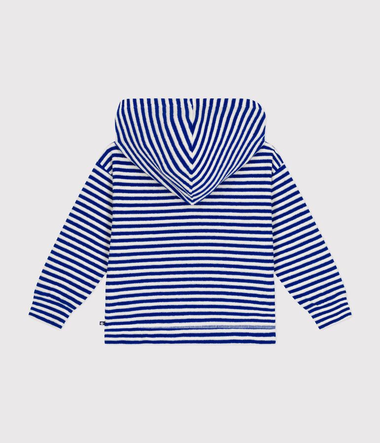 Gestreiftes Kinder-Sweatshirt mit Kapuze aus Boucl&eacute;-Frottee blau/naturfarben