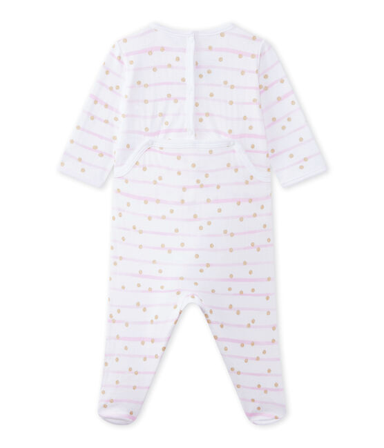 Gestreifter Baby-Mädchen-Strampler aus gedoppeltem Jersey weiss ECUME/rosa ROSE/ OR