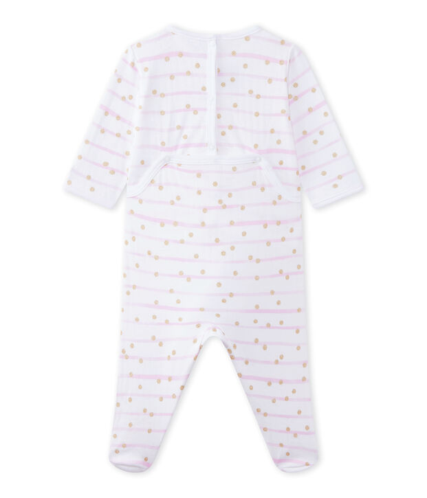 Gestreifter Baby-M&auml;dchen-Strampler aus gedoppeltem Jersey weiss/rosa/gelb