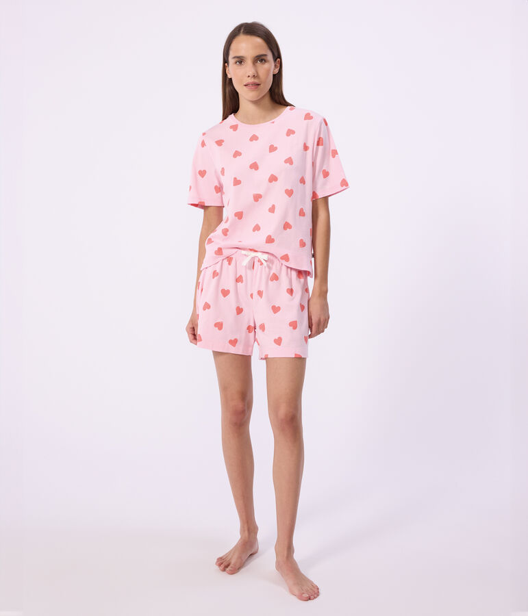 Damen-Kurzpyjama aus Baumwolle mit Herzmotiv rosa/orange