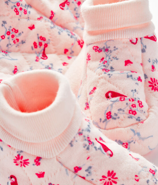 Set mit Mützchen für Neugeborene und Babyschuhen aus Doppeljersey rosa FLEUR/weiss MULTICO