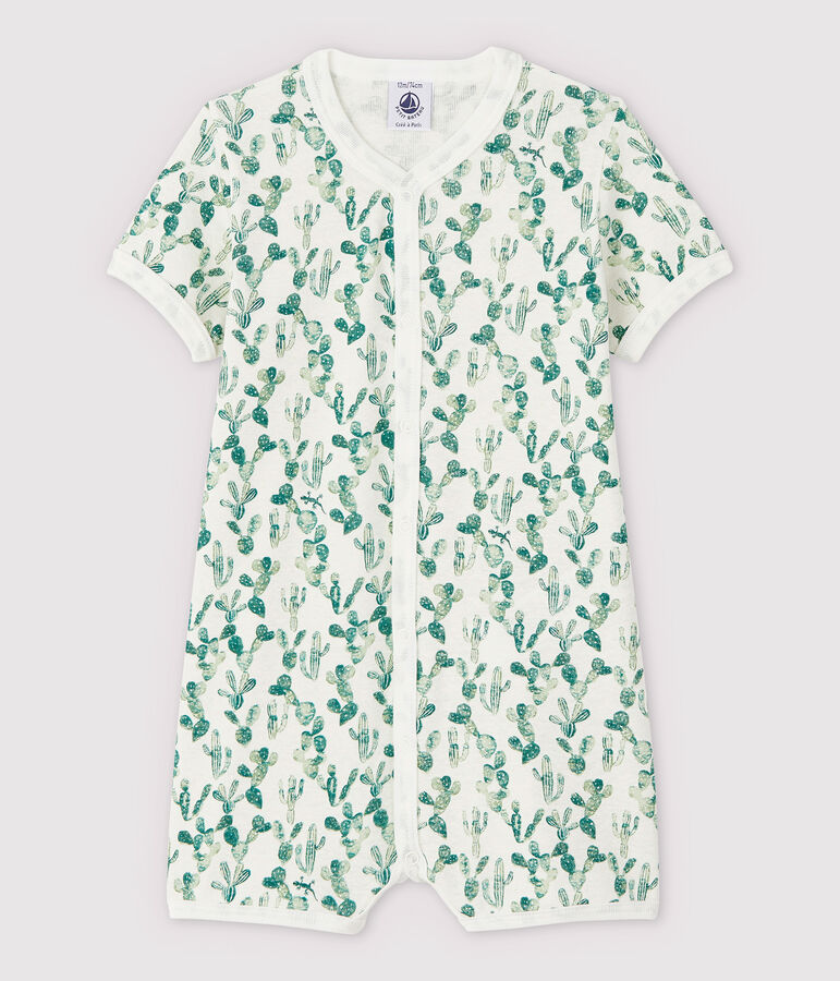 Baby-Kurzoverall aus Baumwolle/Leinen mit Kaktus-Motiv weiss/vielfarbig