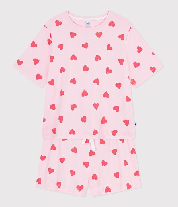 Damen-Kurzpyjama aus Baumwolle mit Herzmotiv rosa/orange