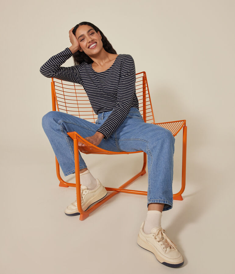 Lang&auml;rmeliges Damen-T-Shirt Le Droit mit weitem Ausschnitt aus geflammten Jersey blau/beige