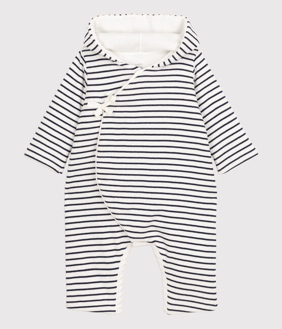 Gestreifter Baby-Langoverall aus Baumwolle und mit Kapuze weiss MARSHMALLOW/blau SMOKING