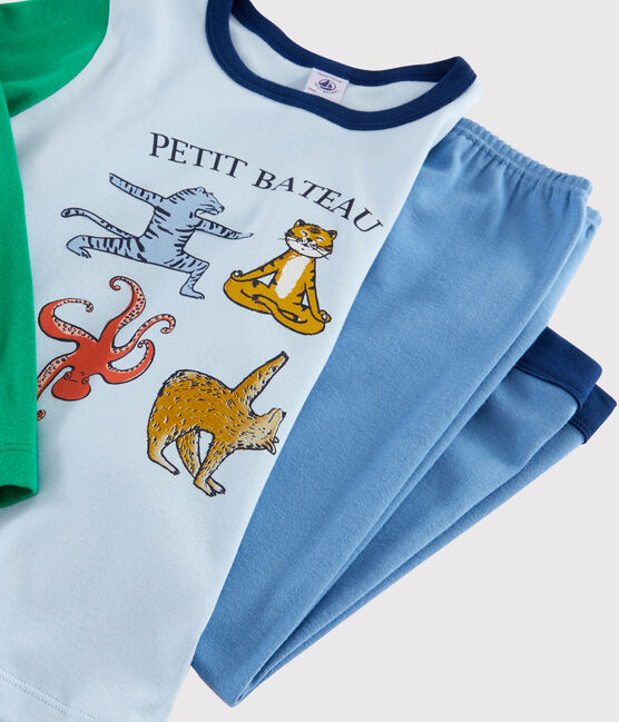 Yoga-Kinderpyjama aus Rippstrick mit Tieren für Jungen blau ALASKA/weiss MULTICO