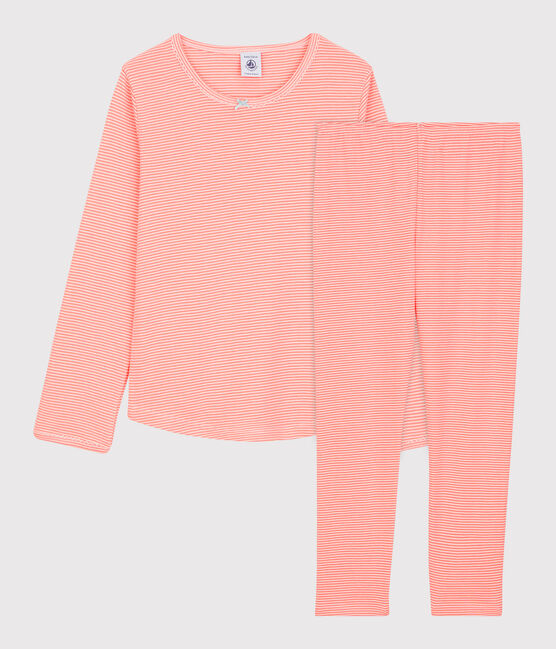 Kinderpyjama aus Baumwolle mit Milleraies-Streifen für Mädchen rosa PEACHY/weiss MARSHMALLOW
