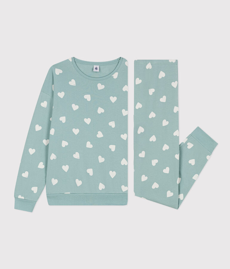 Damenpyjama aus Baumwolle mit Herzmotiv gr&uuml;n/naturfarben