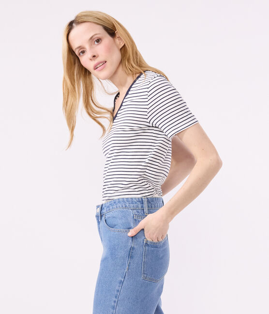 Damen-T-Shirt L'Iconique aus Baumwolle mit V-Ausschnitt, gestreift weiss MARSHMALLOW/blau SMOKING