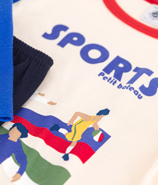 Kinder-Pyjama aus einfarbiger Baumwolle mit Sportmotiven blau SMOKING/weiss MULTICO