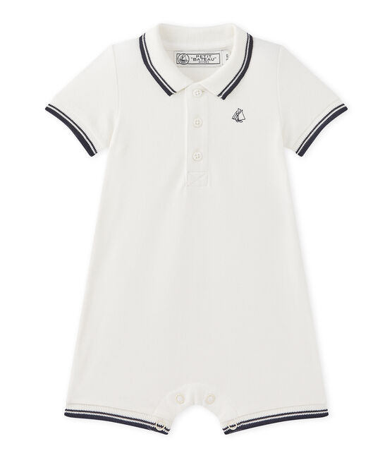 Kurzer Baby-Jungen-Overall aus Jersey-Pikee weiss MARSHMALLOW