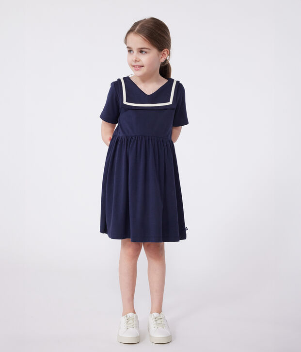 Kurz&auml;rmeliges Kinder-Kleid aus einfarbiger Baumwolle blau